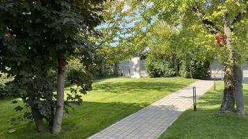 Un sentier pavé dans un parc, avec des arbres et un ciel dégagé.