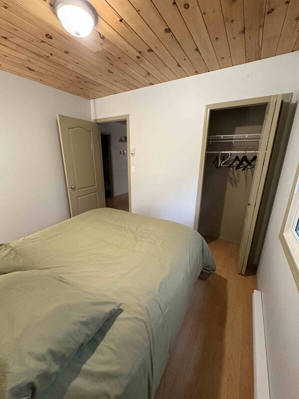 A bedroom with a bed, a closet with hanging clothes, and a door leading to another room.