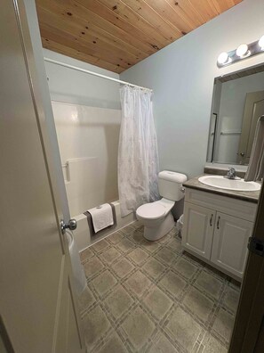 Un baño con ducha, inodoro, lavabo y espejo.