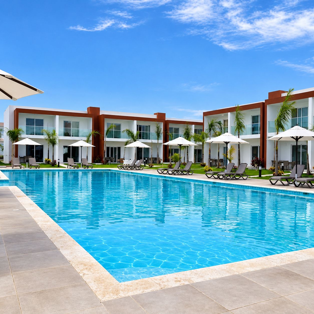 Un hotel moderno con piscina, tumbonas y palmeras.