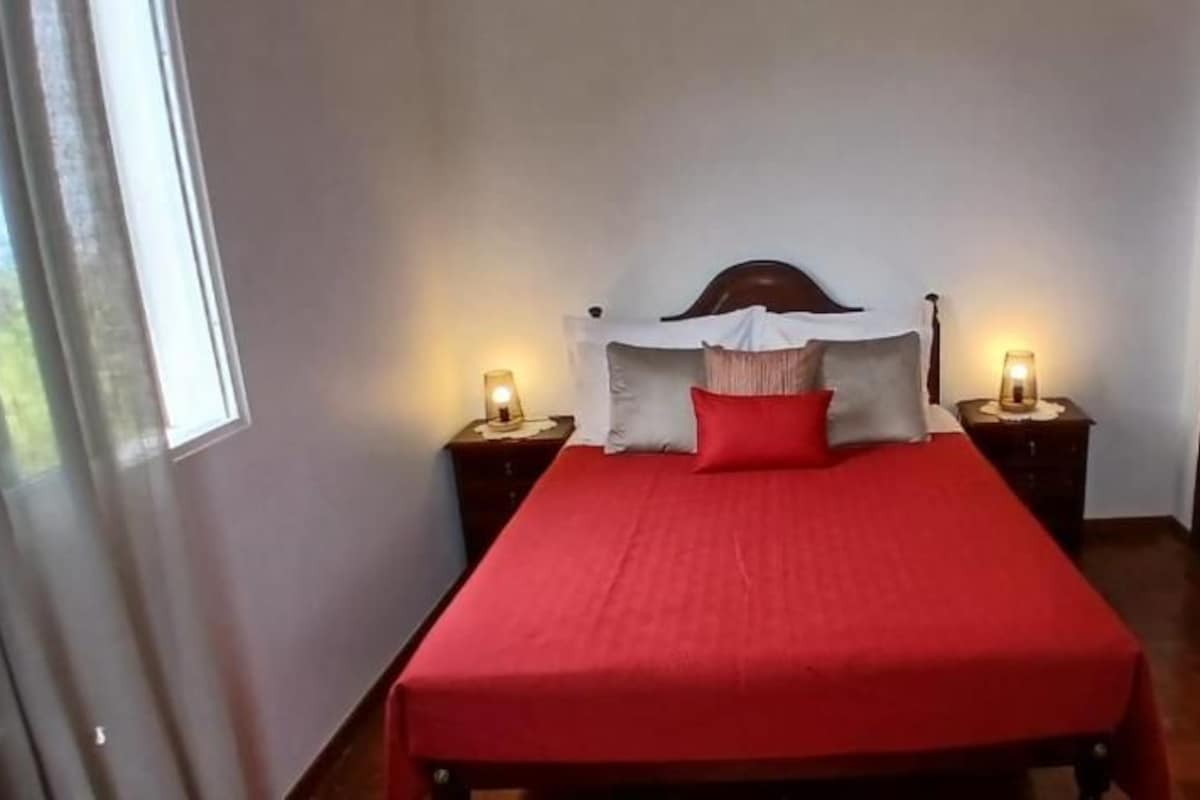 A bedroom with a bed, two bedside tables, and a door.