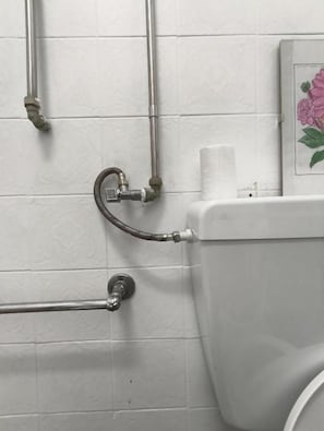 Een badkamer met witte betegelde wanden, een toilet, een handgreep en een douche slang.