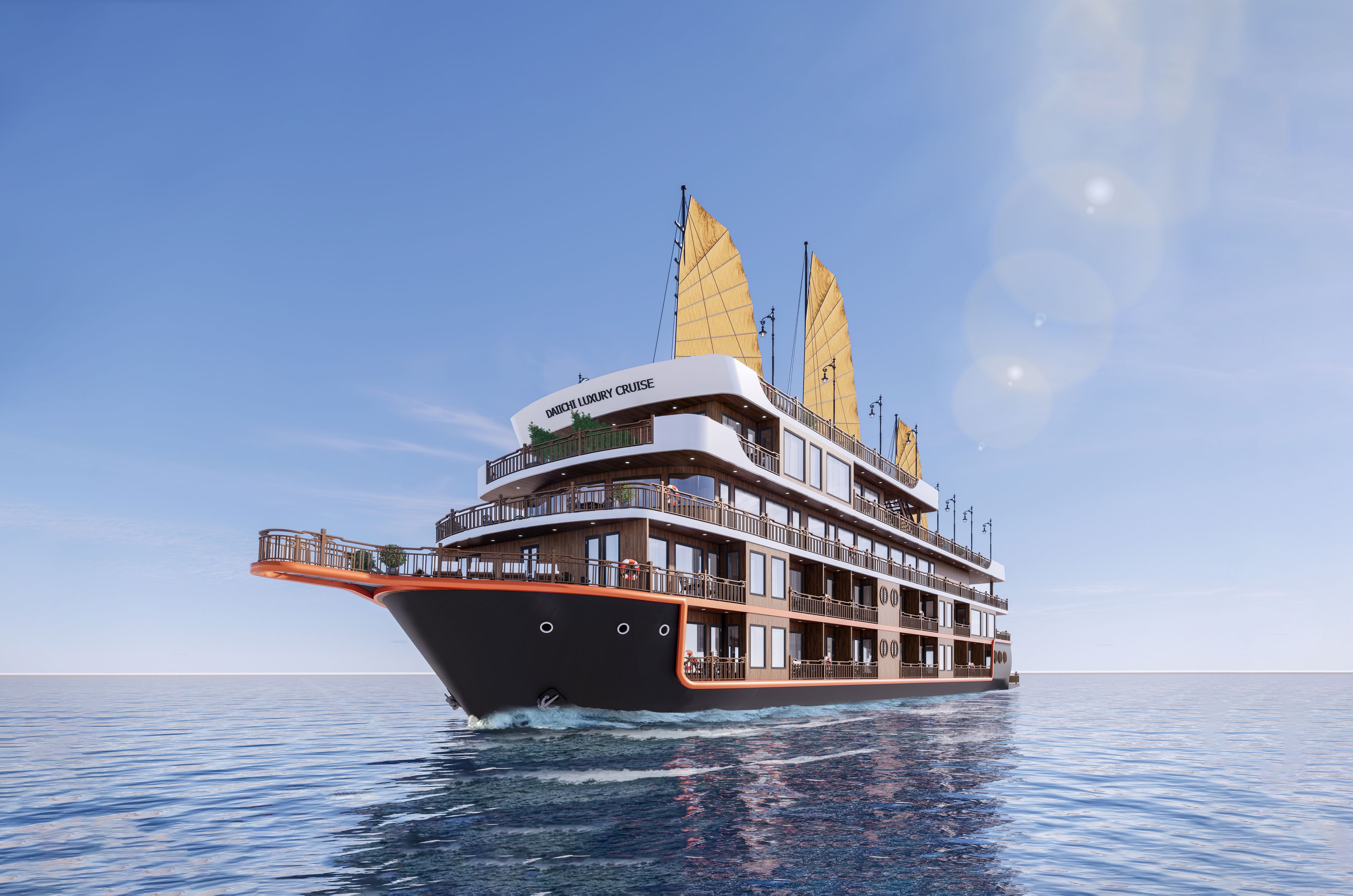 A large, multi-deck cruise ship with a prominent 'DAITTI LUXURY CRUISE' sign, multiple balconies, and a sleek, modern design.