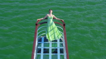 Una persona con un vestido verde de pie sobre un puente con barandilla, contemplando un cuerpo de agua.
