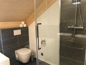 A modern bathroom with a toilet, a shower, and a glass-enclosed shower area. - One-bedroom Cabin (Sankt Georgen am Kreischberg)