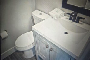 Ein Badezimmer mit Toilette, Waschbecken und Spiegel.