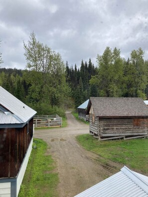 Un paysage rural avec des bâtiments en bois, un chemin de terre et une forêt en arrière-plan.