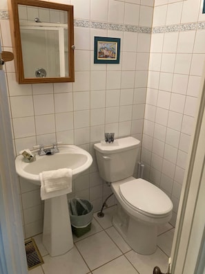 Une salle de bain avec un lavabo, des toilettes et un miroir.