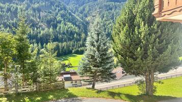 A mountainous landscape with a clear sky, a fenced property, and a building with a sloped roof.