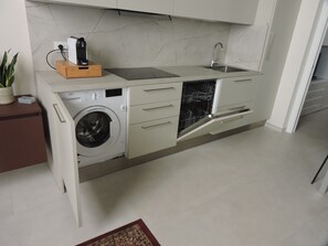 A compact kitchen with a built-in washing machine, a sink, and a dishwasher.