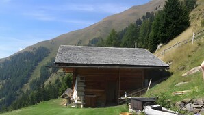 A wooden cabin with a sloped roof, situated on a grassy hillside with a mountainous backdrop. - Apartment '2' with Mountain View, Private Terrace and Wi-Fi (Selva dei Molini)