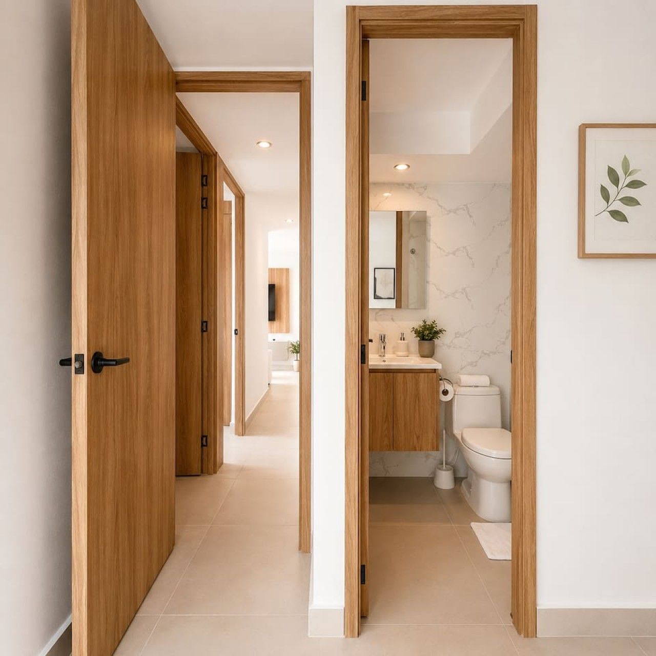 A hallway leading to a bathroom with a toilet, sink, and mirror.