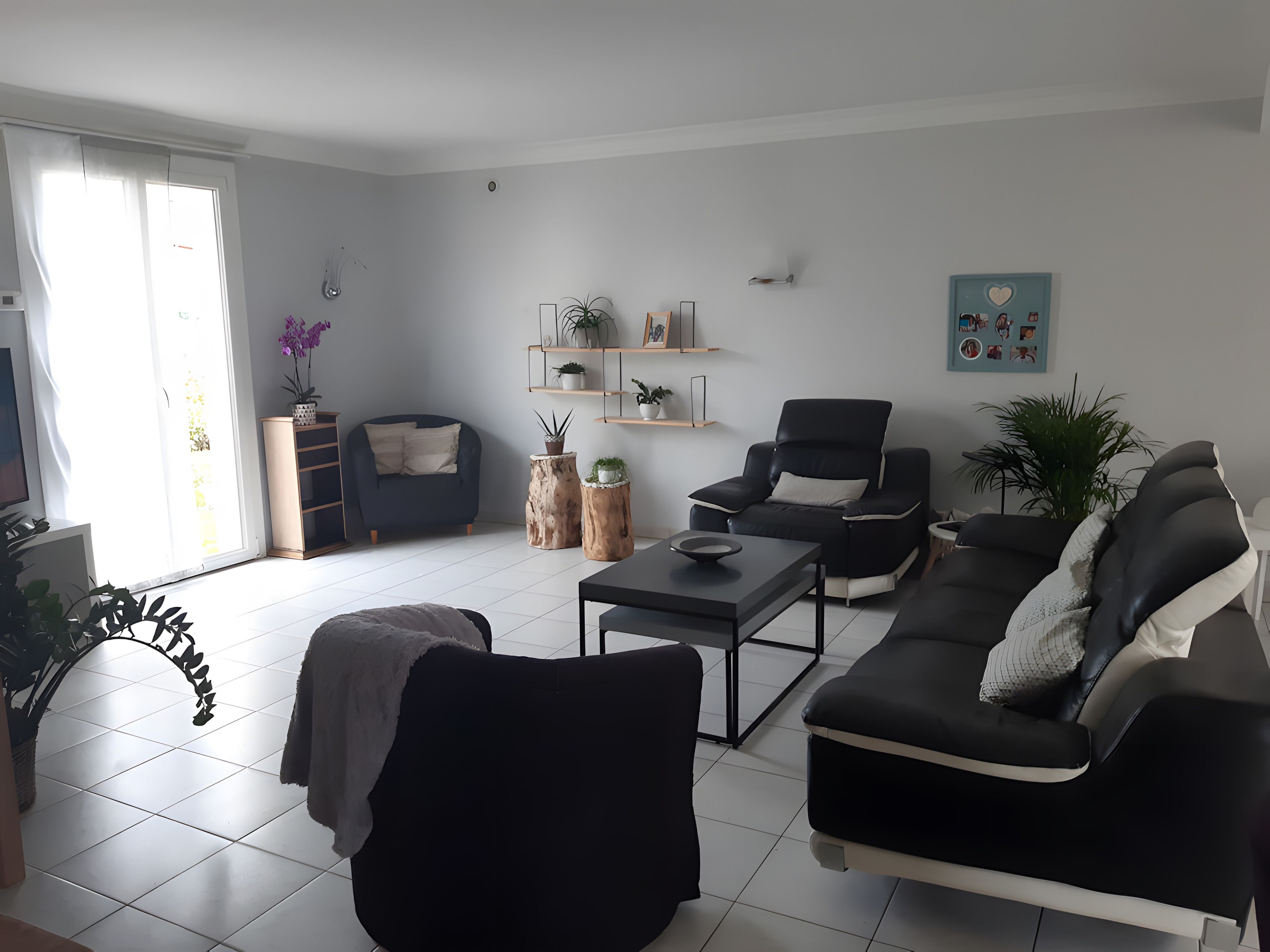 A modern living room with a sofa, armchairs, a coffee table, and a TV. There are plants and shelves with decorative items.
