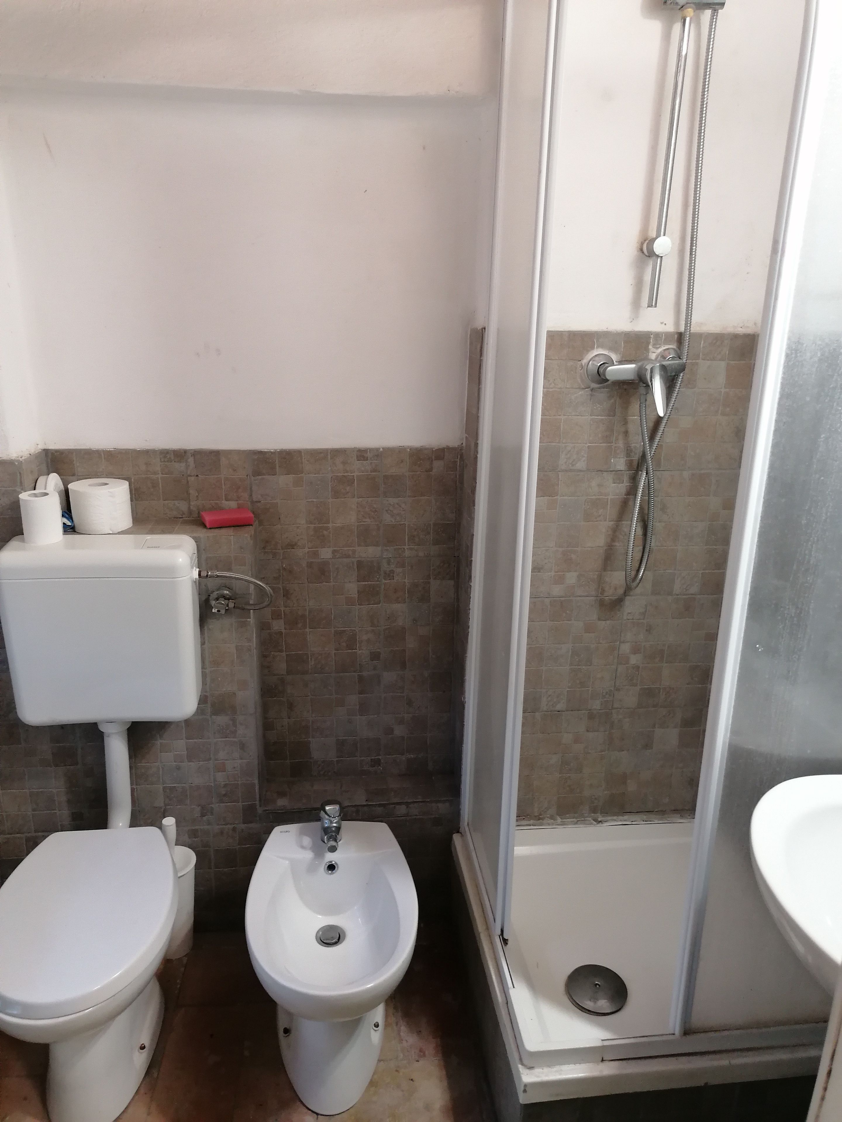 Une salle de bain comprenant des toilettes, un bidet et un espace douche.
