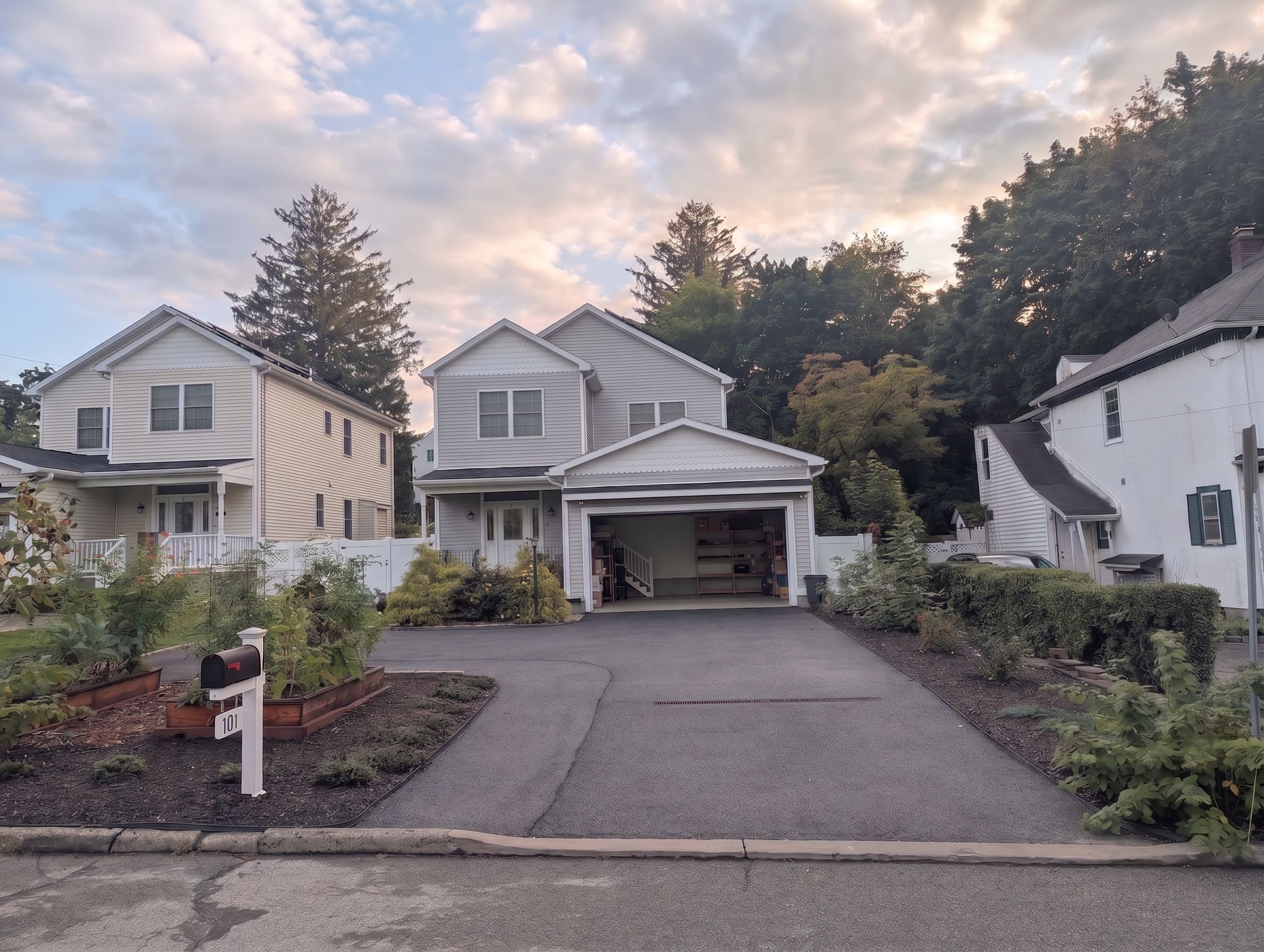 Un quartier résidentiel avec des maisons, une allée et une boîte aux lettres.