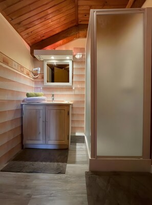Un couloir étroit avec un plafond en bois, une petite salle de bain avec un lavabo et un miroir, et une porte sur la droite.