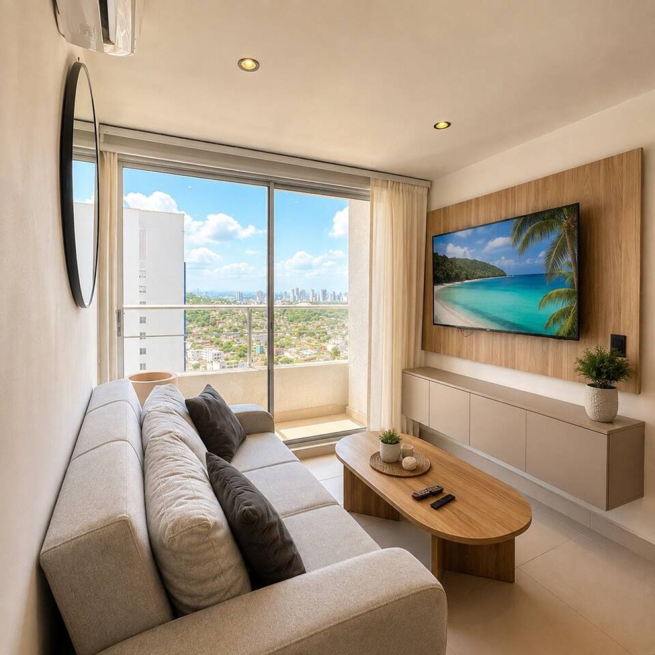 A modern living room with a large window, a flat-screen TV, a sofa, and a coffee table.