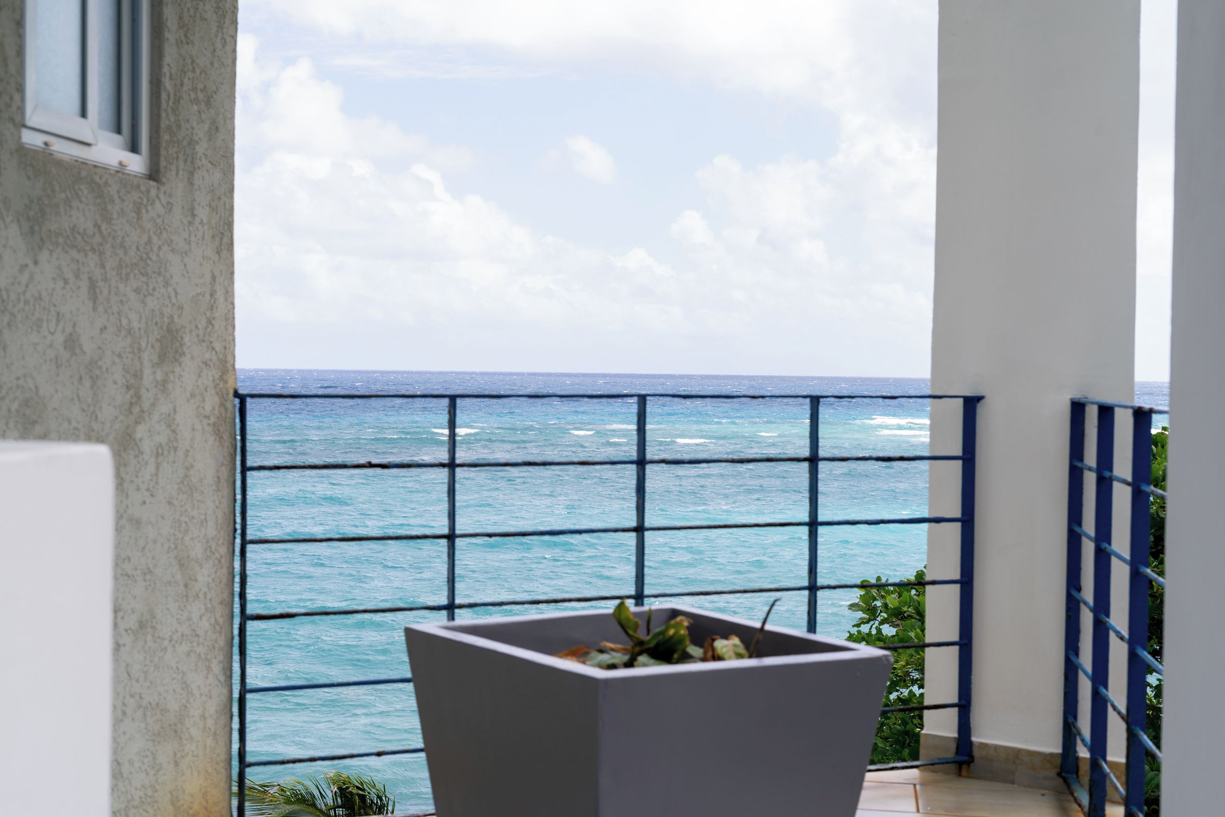 Un balcón con vista al océano, una maceta blanca con plantas y una barandilla azul.