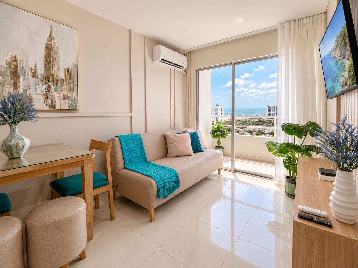 A modern living room with a sofa, a coffee table, and a dining area. There is a large window with a view of the city and a balcony with plants.