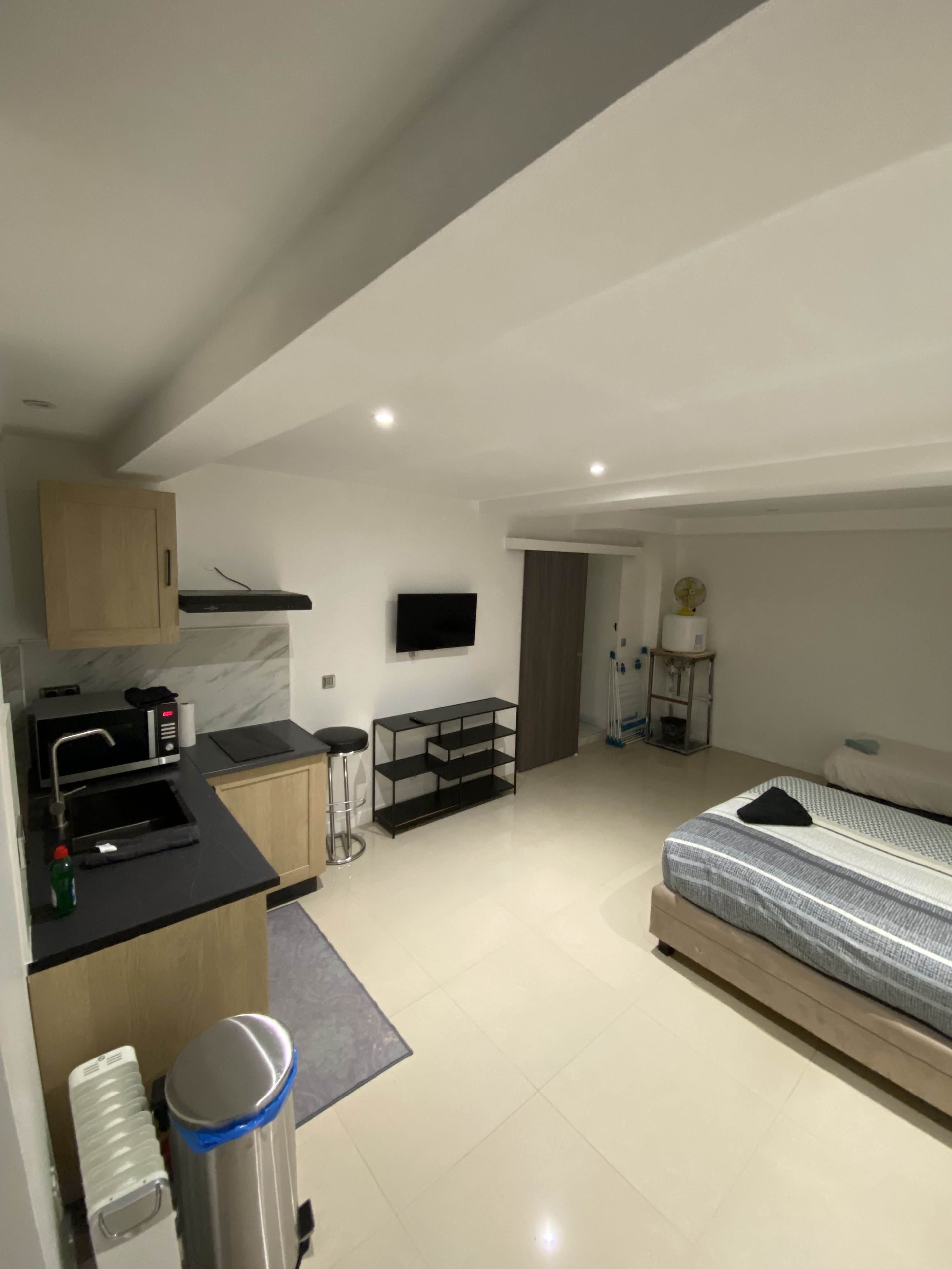 Een ruimtelijke leefruimte met een kitchenette, een bed en een televisie.