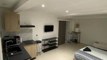 Een ruimtelijke leefruimte met een kitchenette, een bed en een televisie.