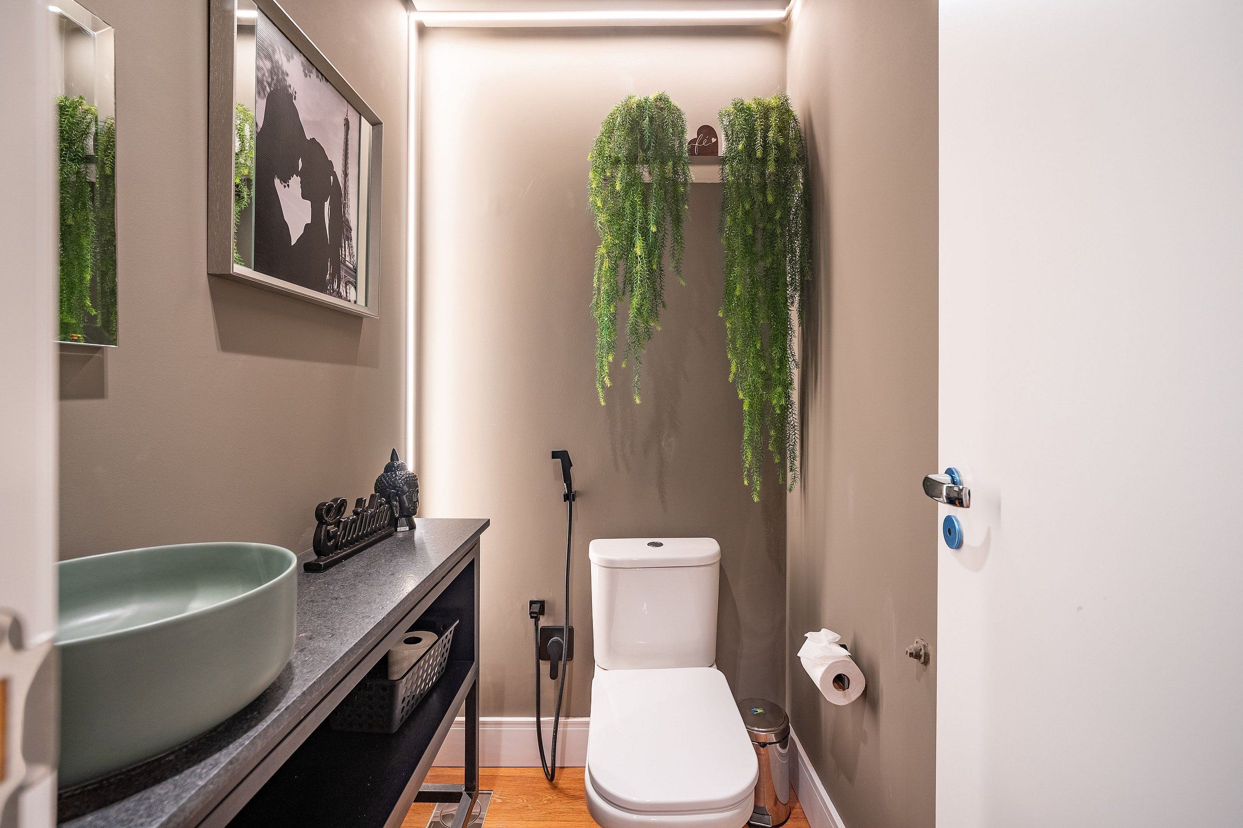 Une salle de bain avec des toilettes, un lavabo et des plantes suspendues.