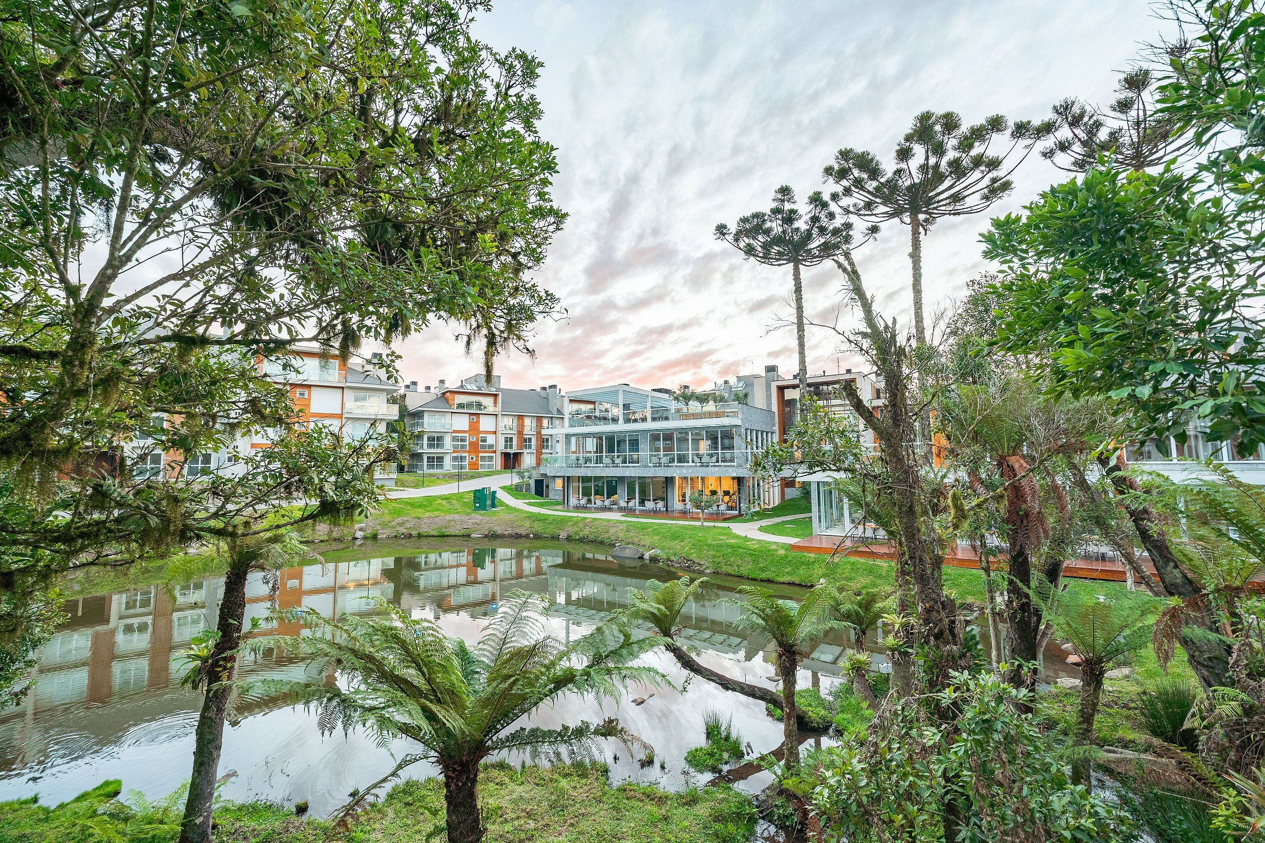 Un barrio residencial con casas modernas, un estanque y abundante vegetación.