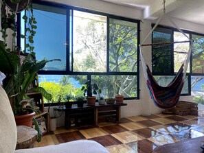 Una habitación con ventanas amplias, una hamaca y varias plantas en macetas.