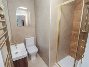 A bathroom with a toilet, sink, and shower area. - Flat 2 (Tenby)