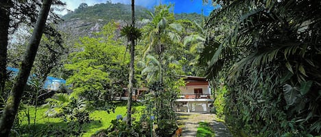 A pathway leading to a building surrounded by lush greenery and a mountain backdrop.