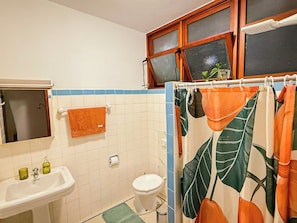 A bathroom with a sink, toilet, and shower curtain.