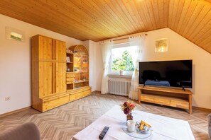 A cozy room with a wooden ceiling, a large TV on a wooden stand, a wooden cabinet with glass doors, and a window with a view of greenery. - Behind Mill B (Krummhörn)