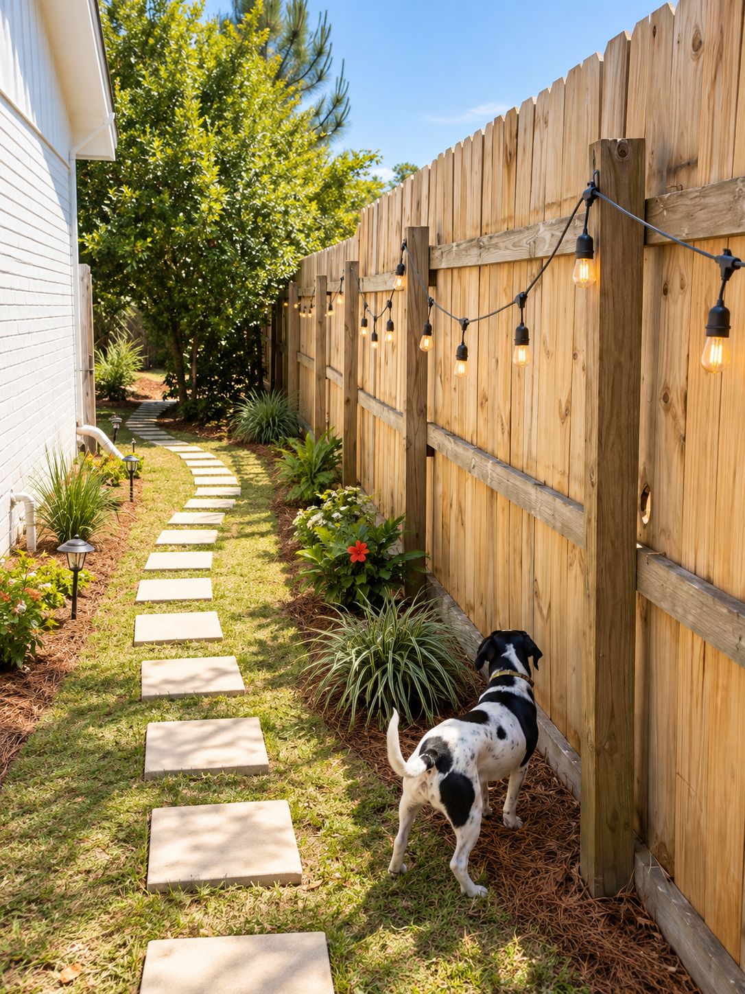 A wooden fence with a light string, a dog, and a stepping path.
