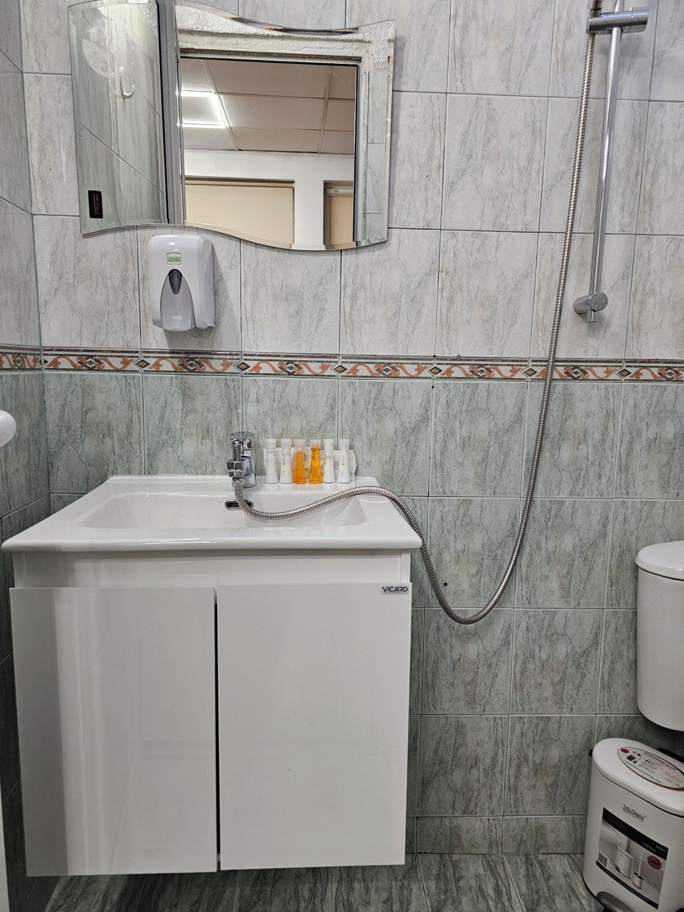 Un baño con lavabo, espejo, ducha e inodoro.