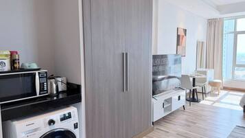 A modern hotel room with a washing machine, kitchenette, and a large wardrobe.