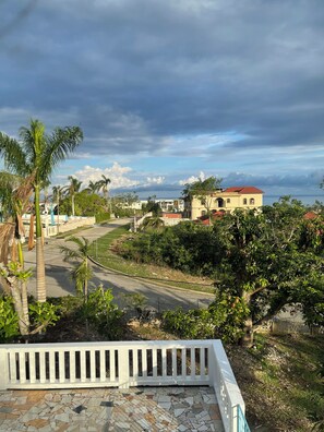 A residential area with a paved road, palm trees, and a building with a red roof. - Peaceful, private 2-bedroom house with exclusive pool in Montego Bay (Montego Bay)