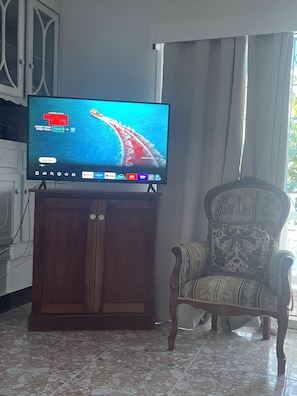 A television on a wooden cabinet, a patterned armchair, and a window with curtains. - Peaceful, private 2-bedroom house with exclusive pool in Montego Bay (Montego Bay)