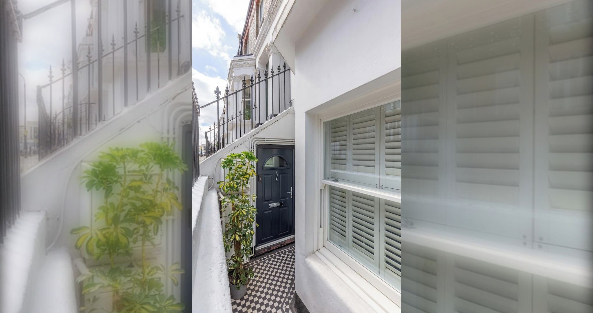 A narrow alleyway with a black door, a checkered floor, and a white wall with a window.