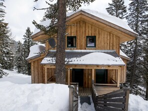 A wooden cabin with a snow-covered roof, surrounded by trees. - Cabin in Turrach With Sauna and Terrace (Stadl-Predlitz)