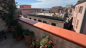 En tagterrasse med plantekasser og udsigt over bybilledet.