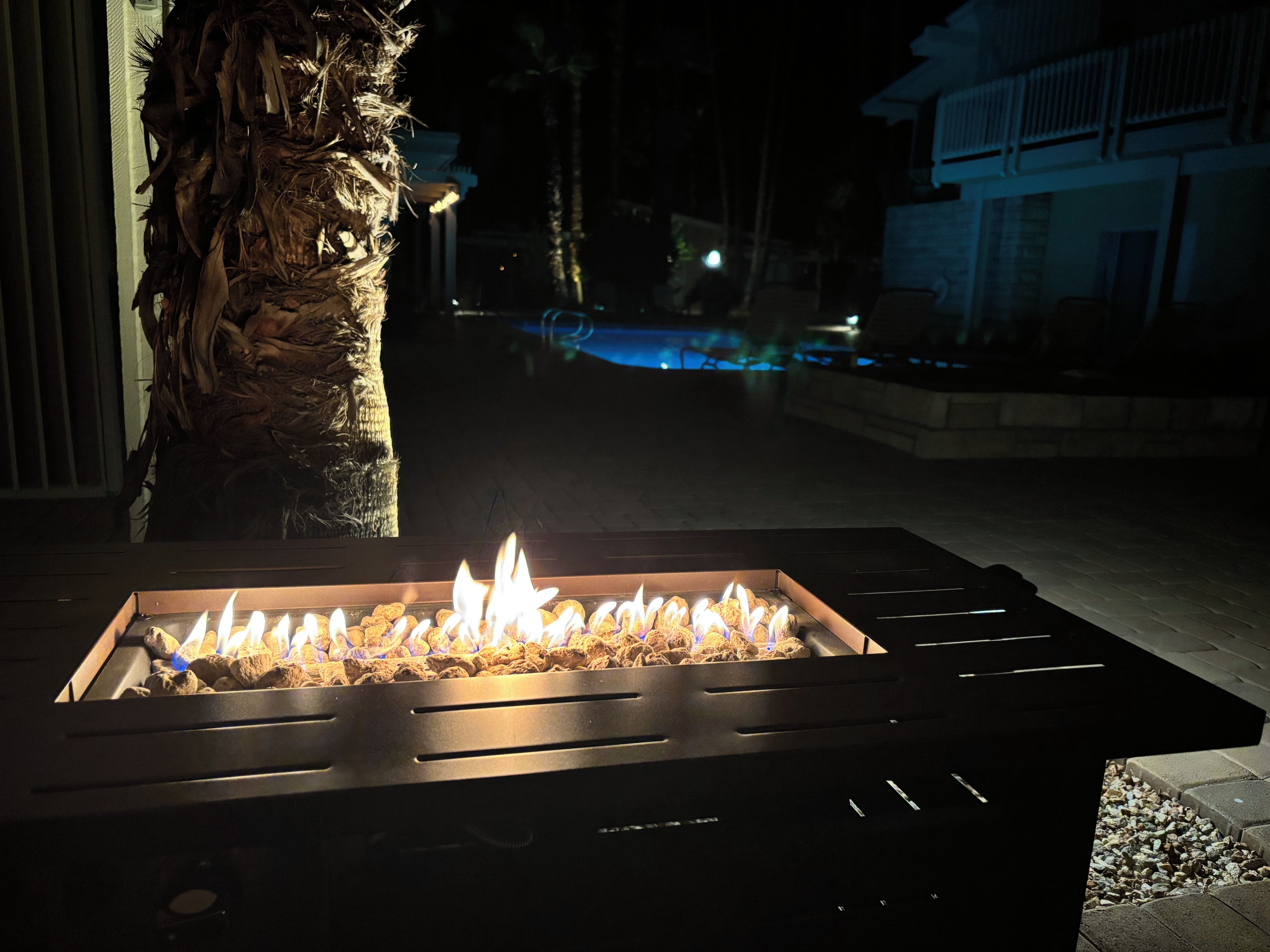 A fire pit with burning logs, surrounded by a stone wall and a palm tree.
