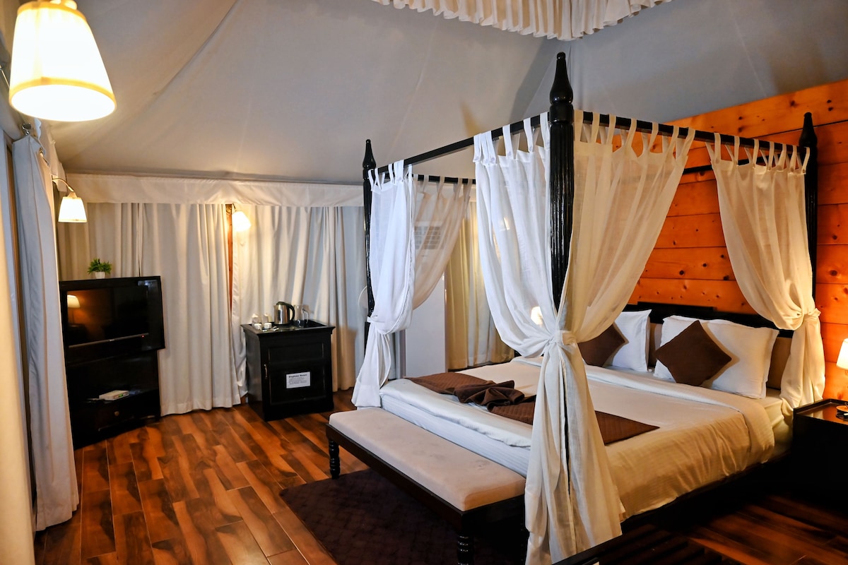 Luxe tent, uitzicht op zwembad