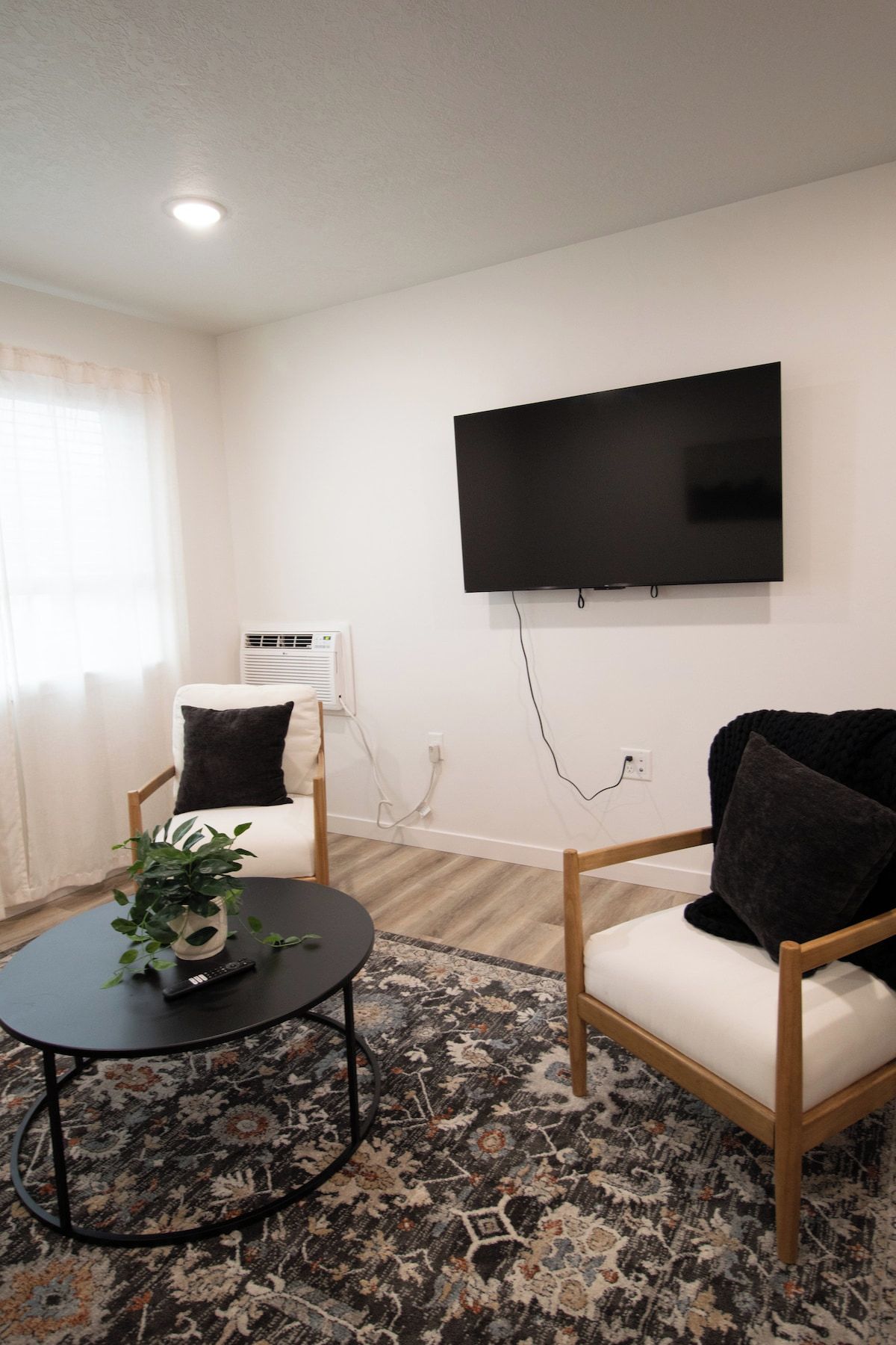 Un salon avec un téléviseur à écran plat fixé au mur, deux fauteuils avec des coussins, une petite table ronde ornée d’une plante et un tapis à motifs.