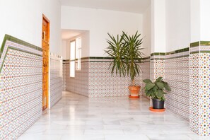 A hallway with patterned walls, a potted plant, and a door. - Apartment in Nerja Near Balcon de Europa (Nerja)