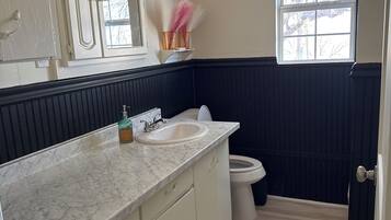 A bathroom with a marble countertop, a sink, a toilet, and a window with a view of trees.