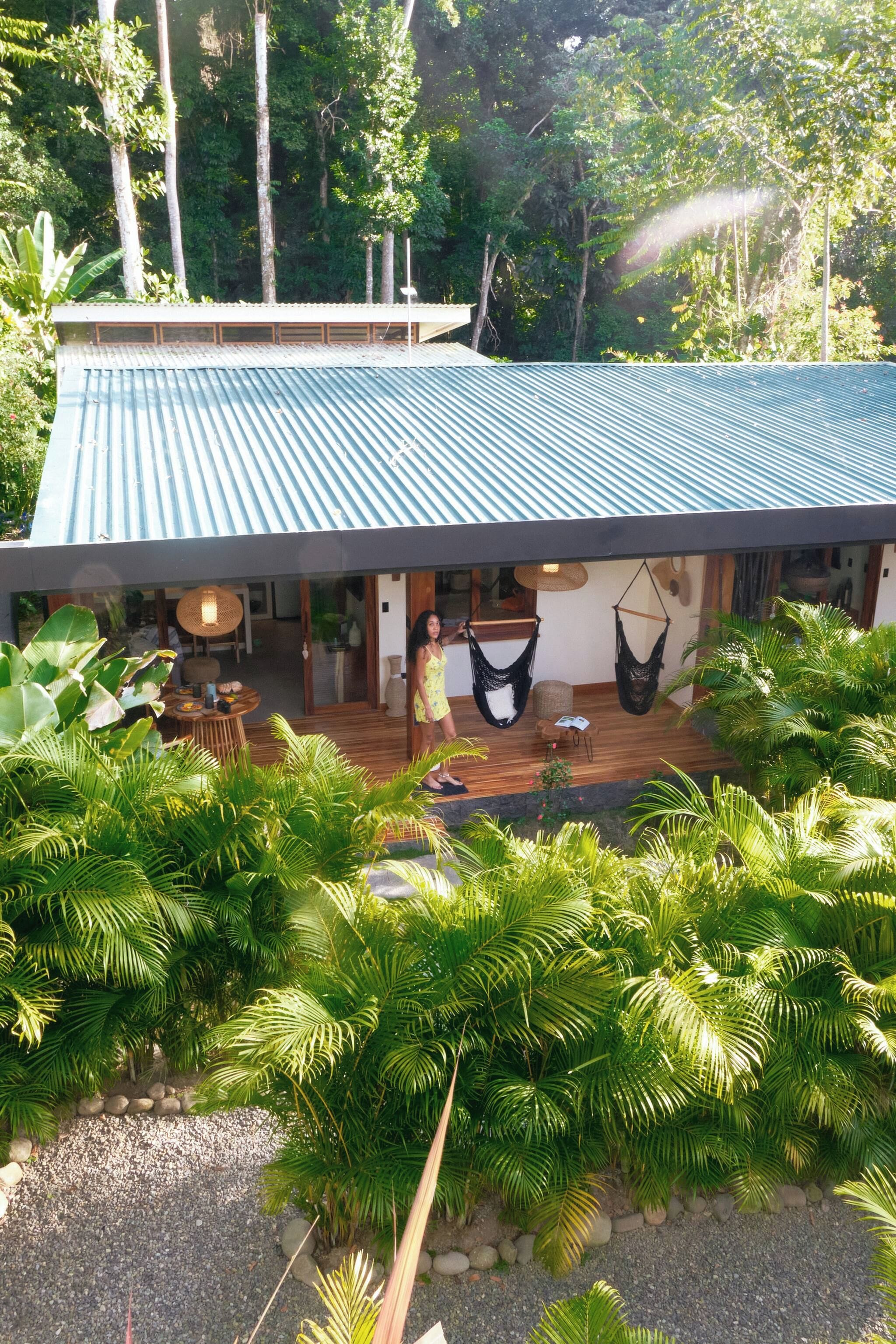 A modern house with a corrugated metal roof, surrounded by lush tropical vegetation.