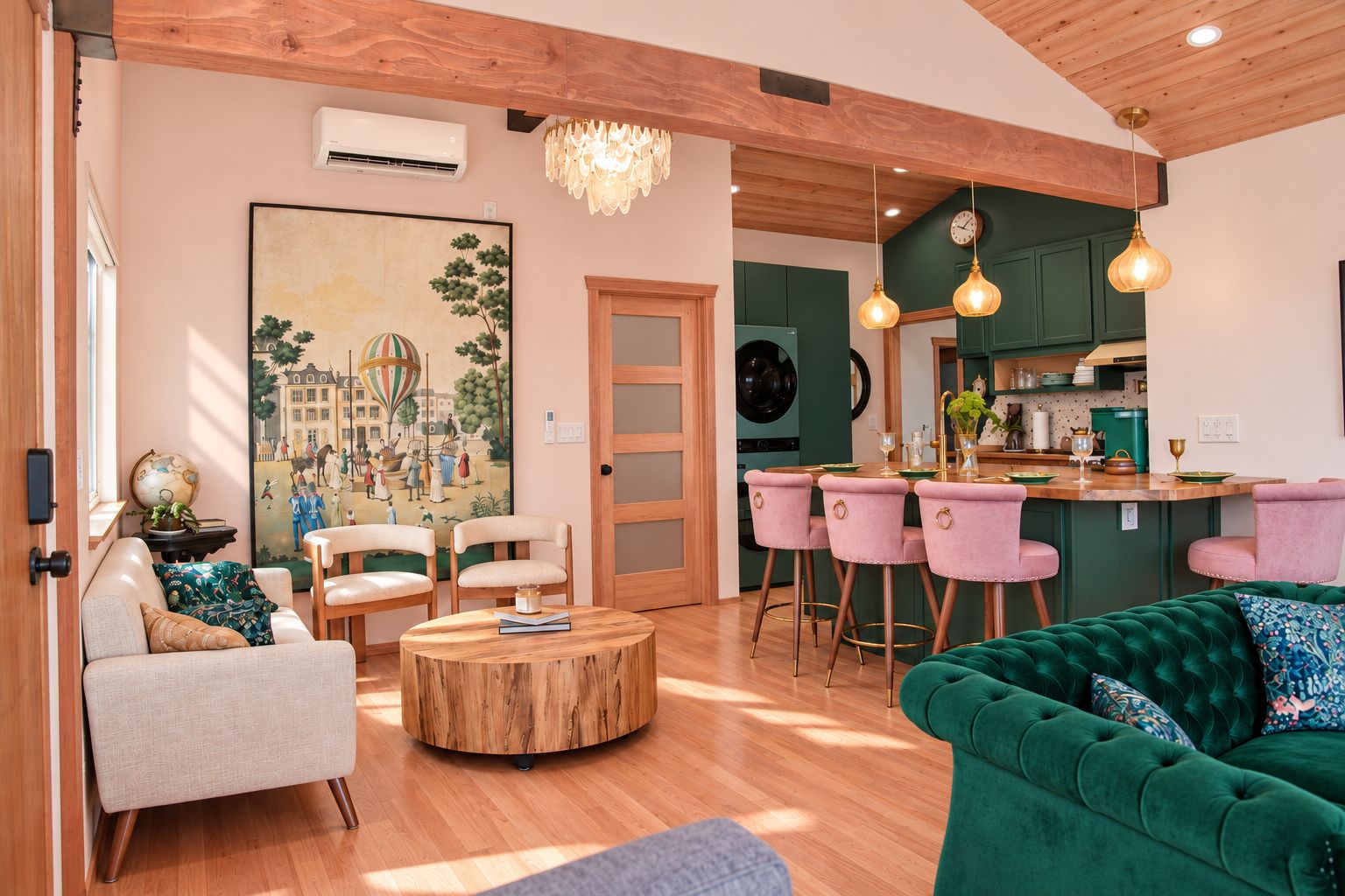 A living room with a round wooden coffee table, two chairs, a green sofa, and a painting on the wall.