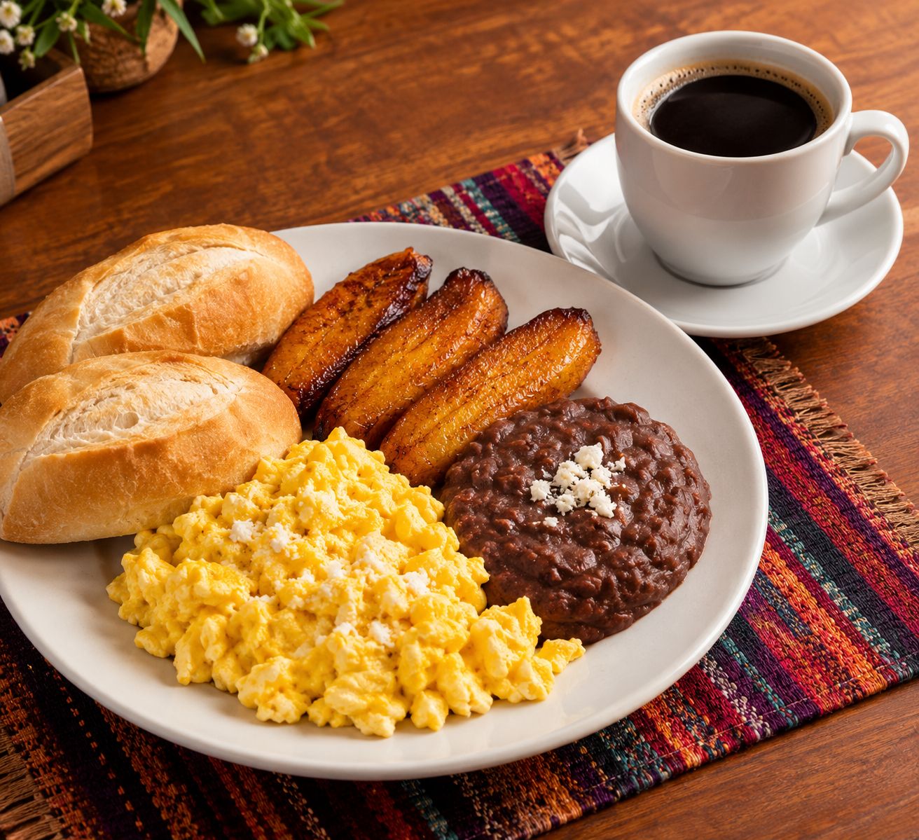 Une assiette contenant des œufs brouillés, des haricots noirs, des bananes plantains frites et un petit pain, accompagnée d'une tasse de café.