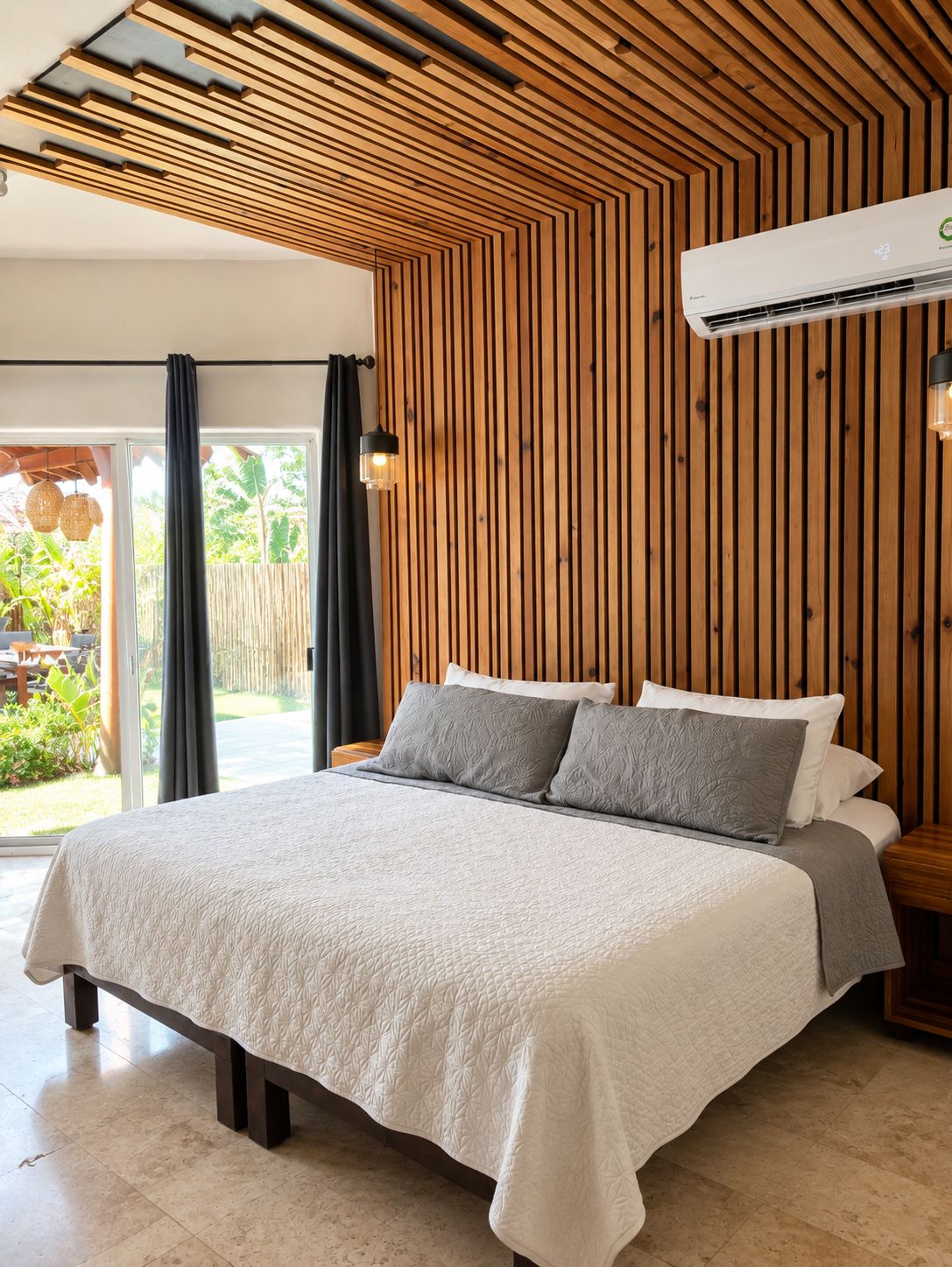 Une chambre à coucher avec un lit, un plafond avec des lambris en bois et un appareil de climatisation.