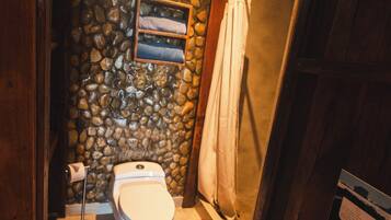Un baño con pared de piedra, un inodoro, una ducha y una puerta de madera.